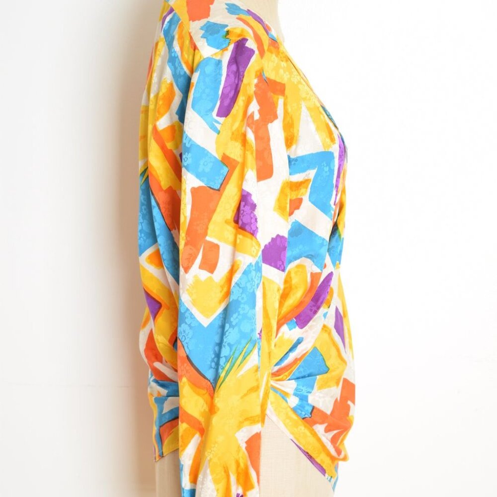 vintage 80s silk wrap blouse top shirt white yellow brush stroke print Argenti L - Picture 6 of 10